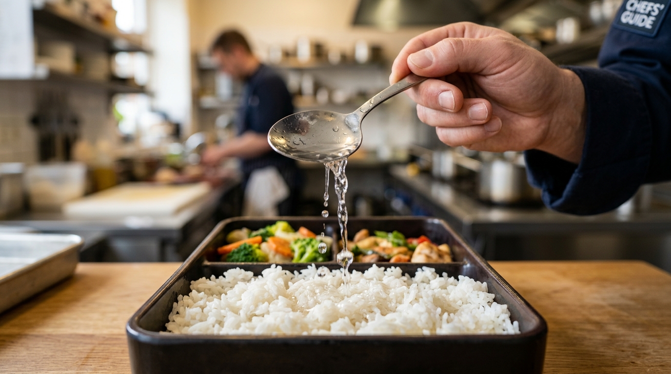 Chef adicionando colher de água sobre marmita de arroz antes de aquecer no micro-ondas — truque para marmita suculenta