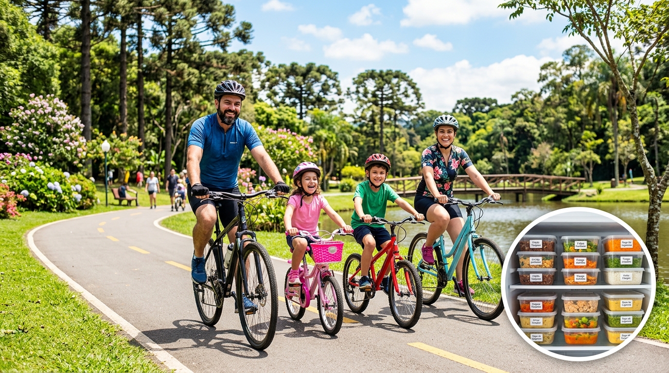 Família pedalando no parque em Pinhais com freezer de marmitas congeladas em casa — mais tempo de lazer