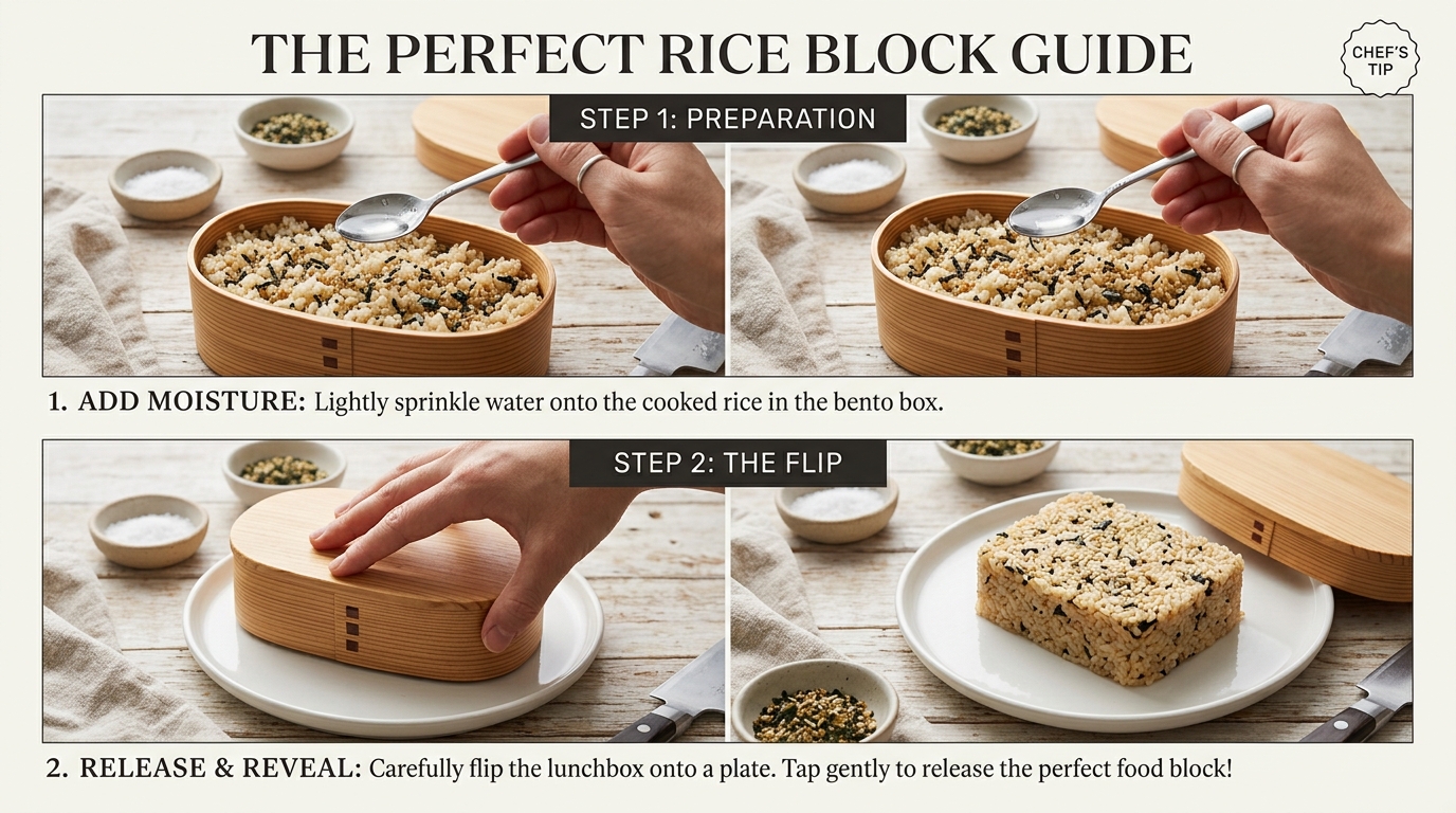 Mão adicionando água sobre arroz antes de aquecer, mostrando praticidade sem sujeira