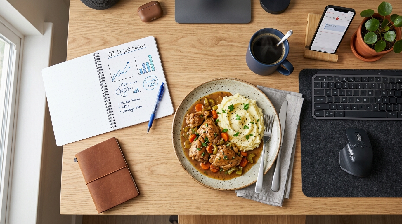 Mesa de trabalho em home office com um prato de frango assado e batatas