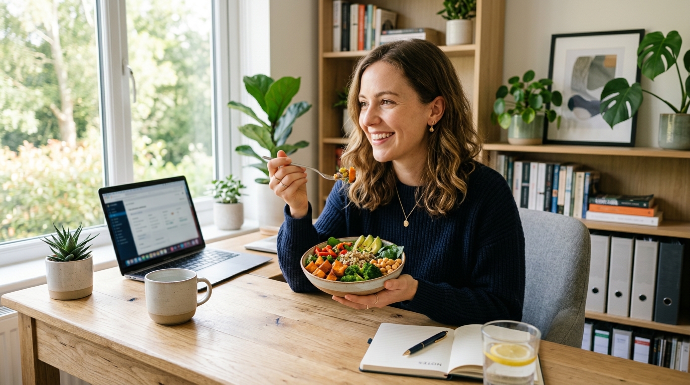 Profissional comendo almoço no home office