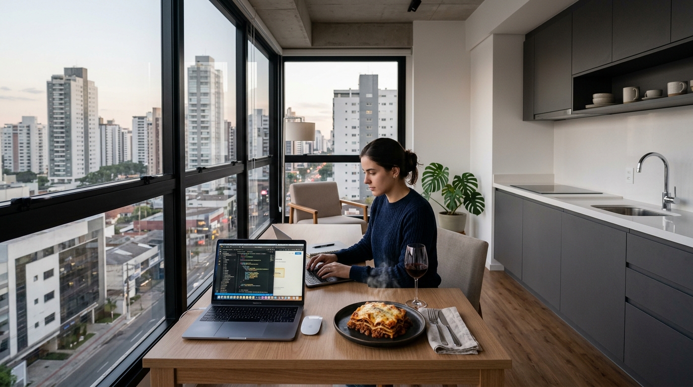 Profissional em home office em apartamento compacto em Curitiba com refeição ao lado do notebook