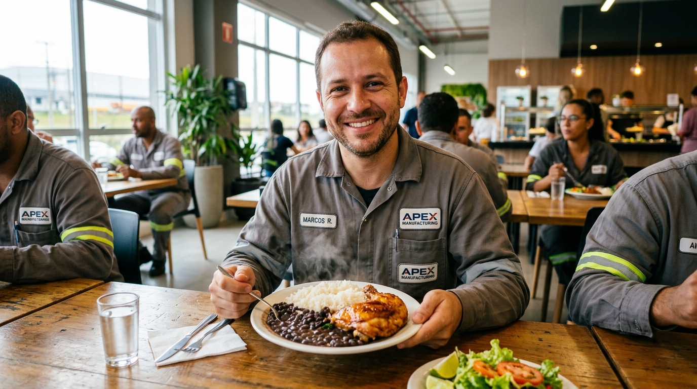 Trabalhador de fábrica sorrindo com prato de arroz, feijão e frango — comida caseira de verdade para quem trabalha na CIC e Sítio Cercado em Curitiba