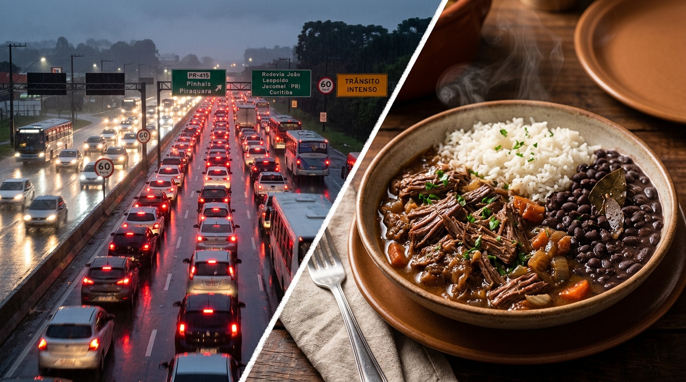 TrÃ¢nsito intenso na Rodovia Jacomel em Pinhais ao lado de prato de comida caseira quente